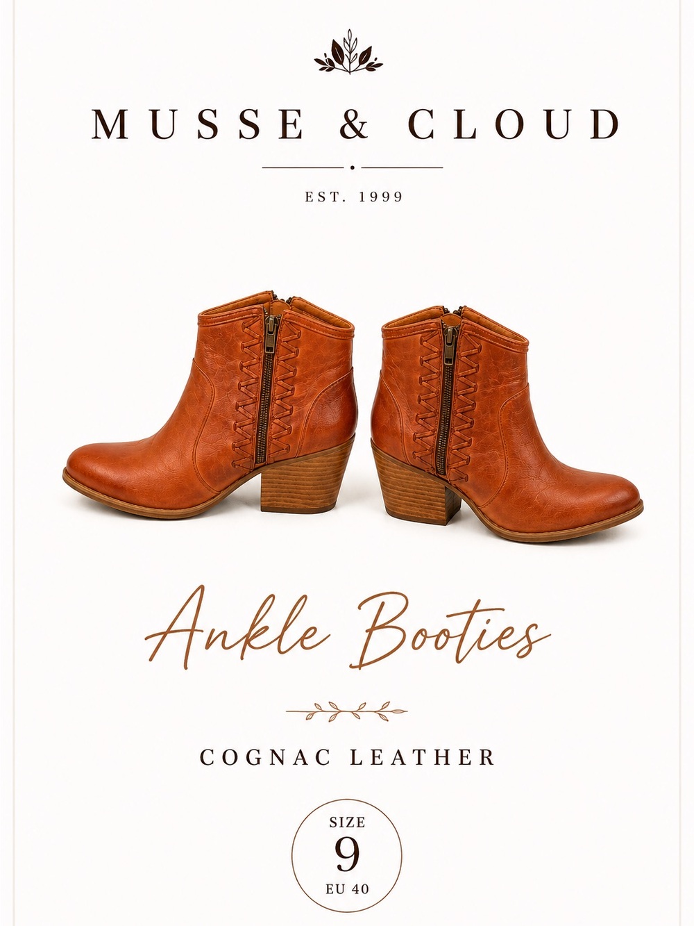 Musse & Cloud Cognac Leather Ankle Boots Whipstitch Double Zip Artisan  Size 9
